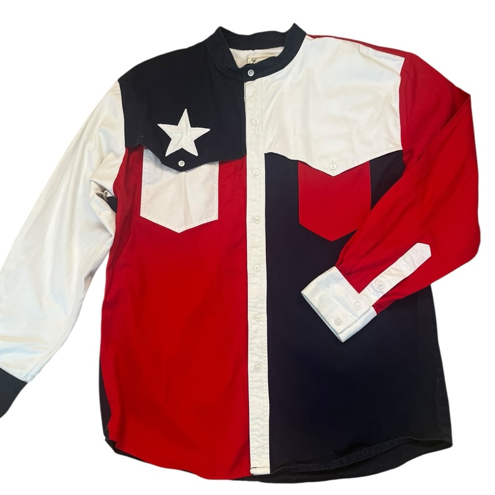 Vintage Gil Adam Western Cowboy Shirt Mens Lone Star Rodeo USA Flag Red Blue